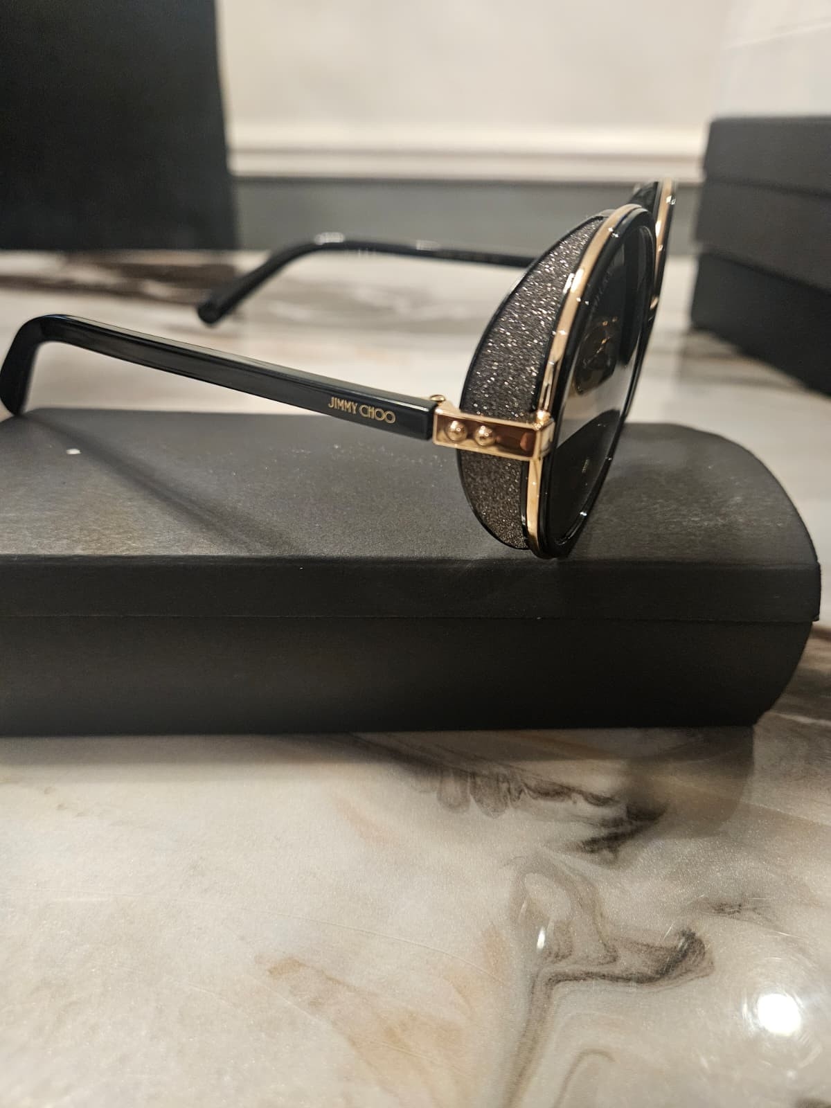 Jimmy Choo Black & Gold Round Sunglasses With Glitter Side Panels